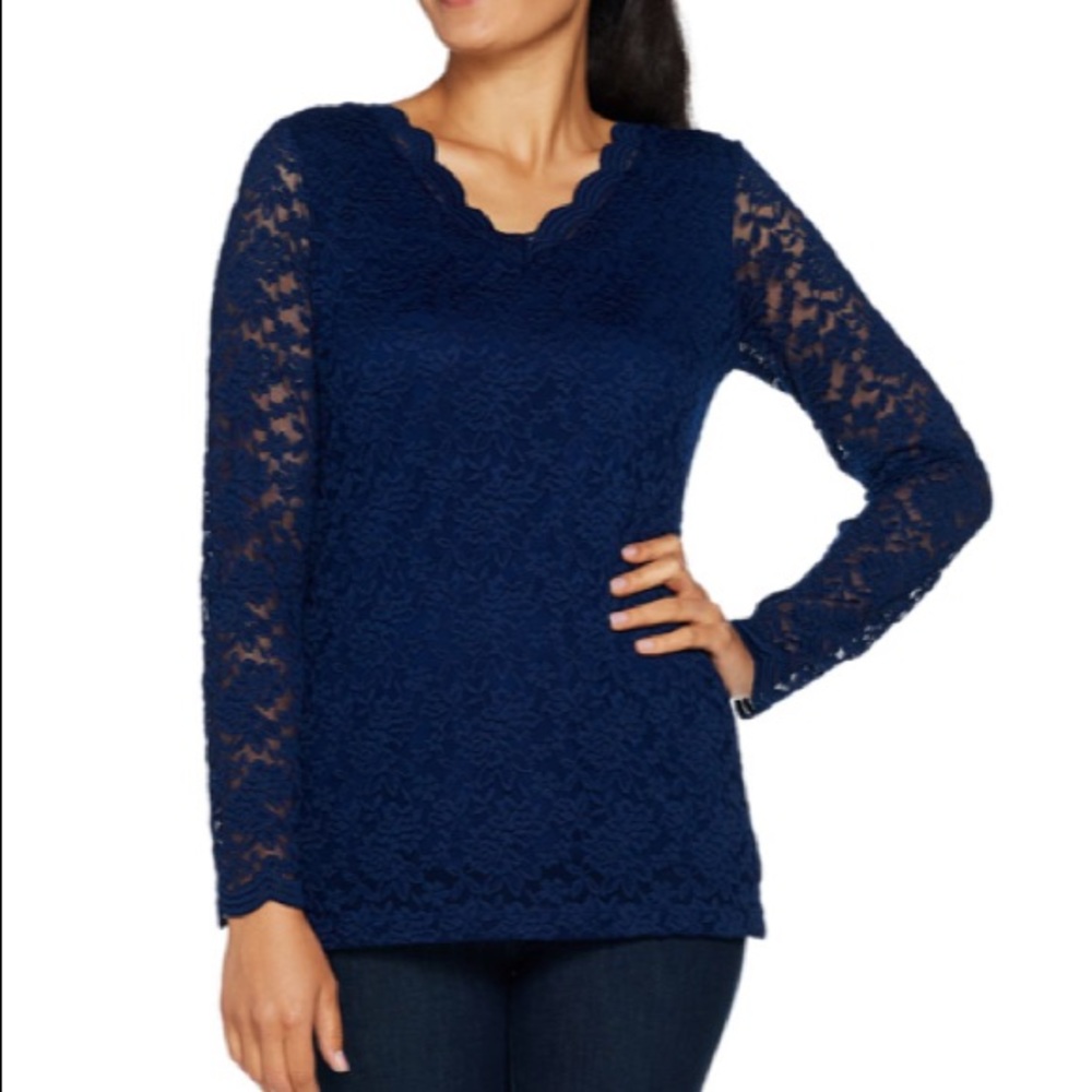 Susan Graver Stretch Lace V-Neck Long Sleeve Top